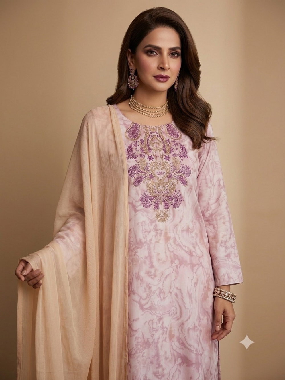Embroidered Pink Marble-Print Women's Kurta with Beige Dupatta